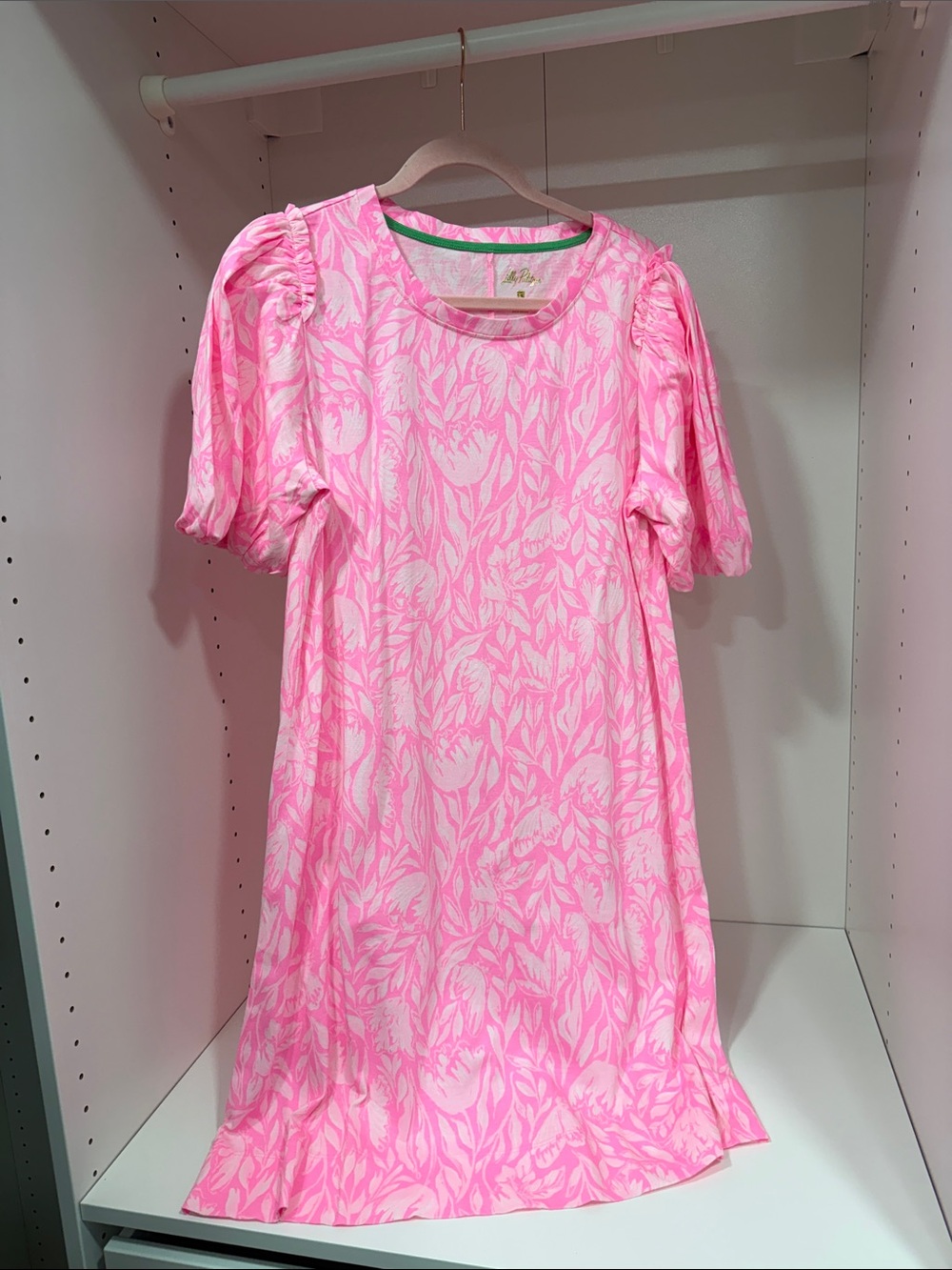 Lilly Pulitzer Mercer Dress Pink Floral Puff Sleeve Size L NWT